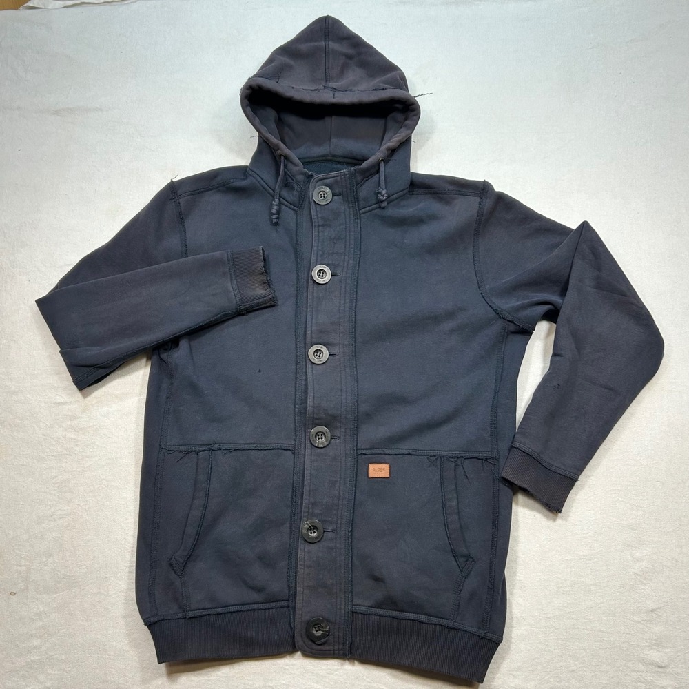 Globe Button Front Hoodie Large Mens Black Skater Grunge Fleece Lined Sweatshirt